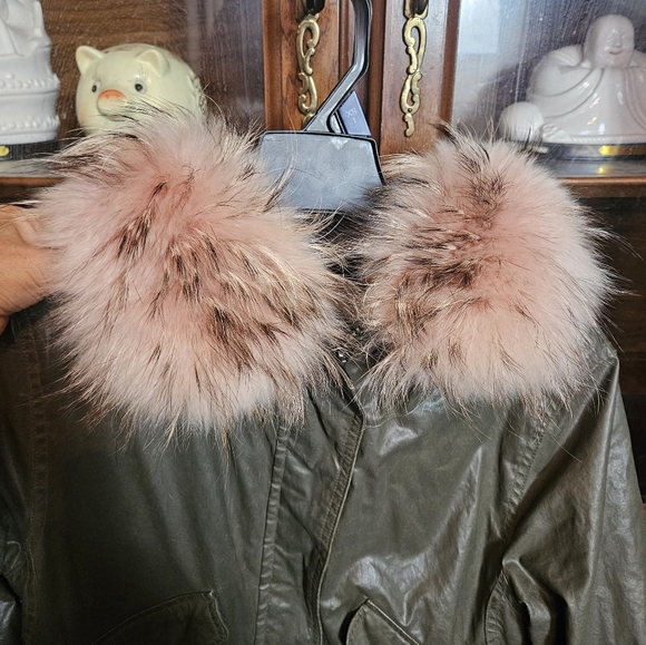 SAM. New York Women's Coat Size S PINK RACCOON FUR HOODIE Army Green Jacket - Picture 4 of 15